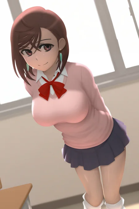 (masterpiece), (best quality), (intricate details, very aesthetic), absurdres, highres, 1girl,  <lora:siraha_style-Illustrious:1> siraha_style,  <lora:momo_ayase-Illustrious:1> ayase_wz, medium hair, brown hair, brown eyes, large breasts, chocker, red bowtie, , pink cardigan,  long sleeves, blue skirt, pleated skirt, miniskirt, school uniform, earrings, collared shirt, white shirt, loose socks, white socks, dutch angle, indoors, classroom, desk, chair, arms behind back, leaning forward, window, day, smile, solo, looking at viewer,