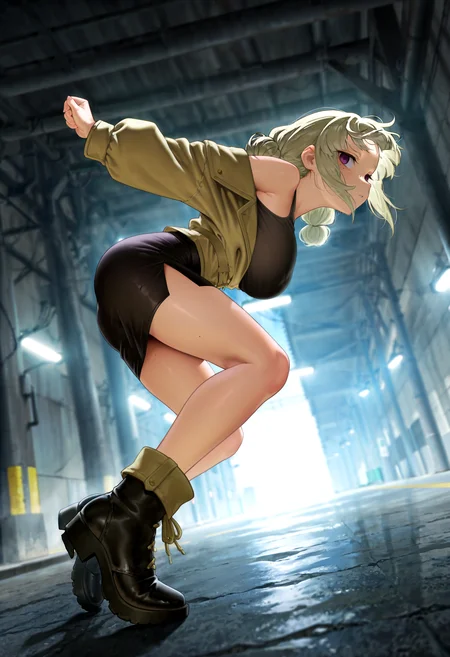 HDR, 8K, masterpiece, best quality, amazing quality, very aesthetic, superabsurd res, high resolution, ultra-detailed, absurdres, newest, scenery, dutch angle,1girl, looking at viewer, petite, large breasts, araga kiwi, bangs, mole under eye, purple eyes, empty eyes, eye bags, dark blonde hair, low tied twintail bun, no tail,layered clothes, off-shoulder jacket, tank top, pencil skirt, side slit, ankle boots, dynamic pose,In-depth, from side, looking away, hurt, ambient artificial light <lora:NOOB_EPSv1_1_detailer_by_vlnvk_v1_0:1.0> <lora:Araga_Kiwi_Illustrious:0.6>