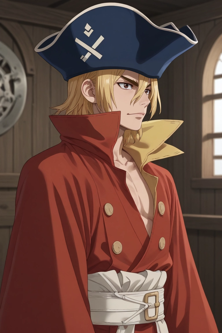 score_9, score_8_up, score_7_up, , rating_safe, , (photorealistic:0.6), looking at viewer, depth of field, 1boy, solo, male focus, <lora:ryuusui_nanami_pony:0.78>, ryuusui_nanami, blonde hair, brown eyes, hair between eyes, pirate hat, profile, machu picchu, indoors, dark, spread arms, :\3, , <lora:sdxl_lightning_8step_lora:1>