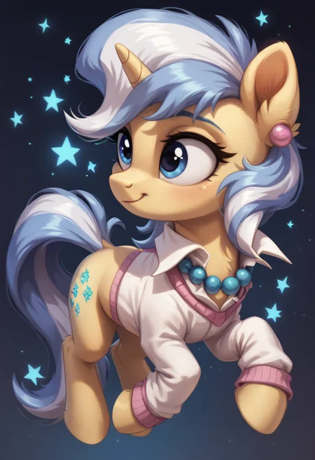 score_9, score_8_up, score_7_up, score_6_up, score_5_up, score_4_up, my little pony, ((feral pony)), 1girl, ((solo)), (sexy),beautifully detailed, (detailed cute pony face), ((detailed blue starry background:1.5)), ((woman)), high angle, (cute smile:1.0), ((up-close)) 1girl, ((solo)), (sexy), full body, <lora:Upper Crust:1>Upper Crust, unicorn, white shirt, pink sweater, necklace with blue beads, round pink earrings
<lora:OtherStyle_01:1>