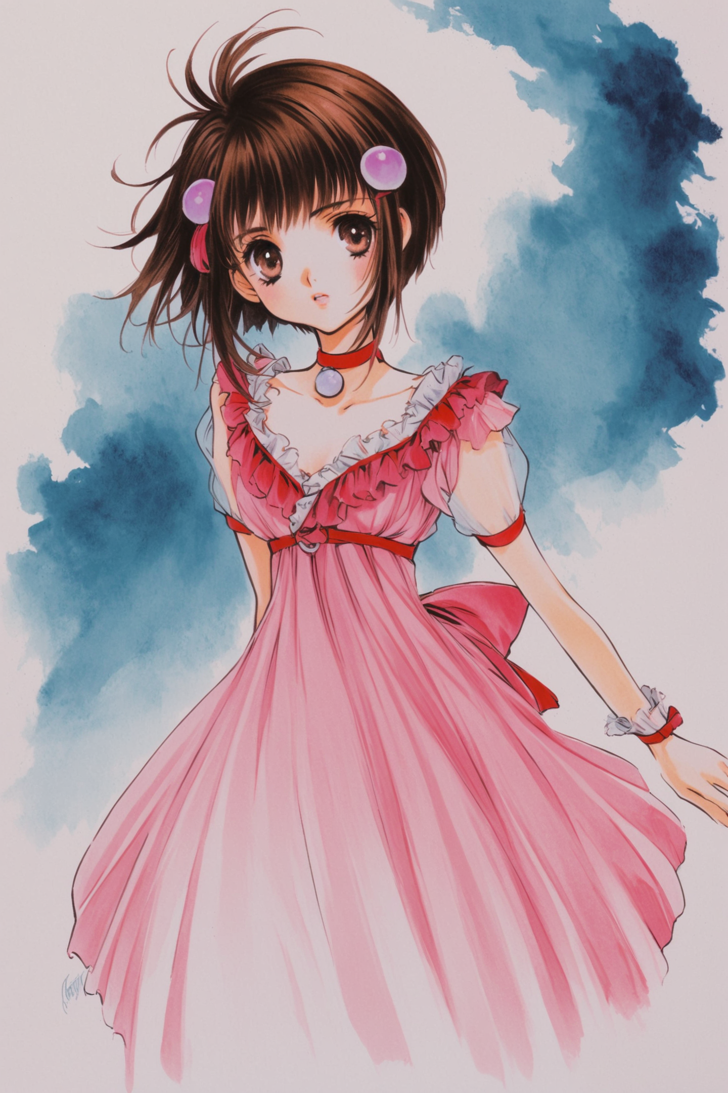 Reala(Tales of Destiny 2),1girl,solo,short hair,very short hair,choker,red choker,white background,hair ornament,pink dress,frills,watercolor (medium),traditional media,looking at viewer,
<lora:Inomata Mutsumi_XL:0.8>,