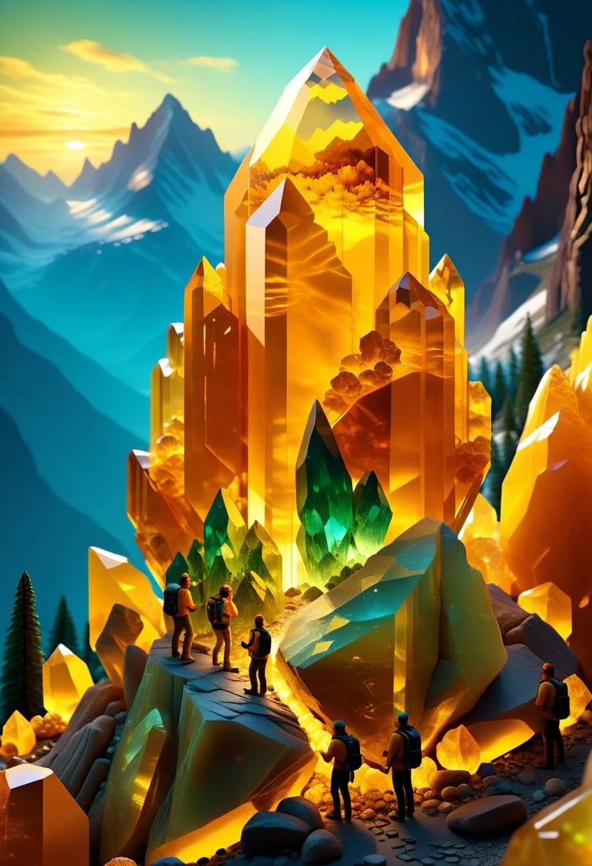 ispzxll, diorama, isometric, miniature, volumetric lighting style, intricate details, massive citrine crystal formation, natural setting, mountains in background, crowds of people gathered, tourists, cameras