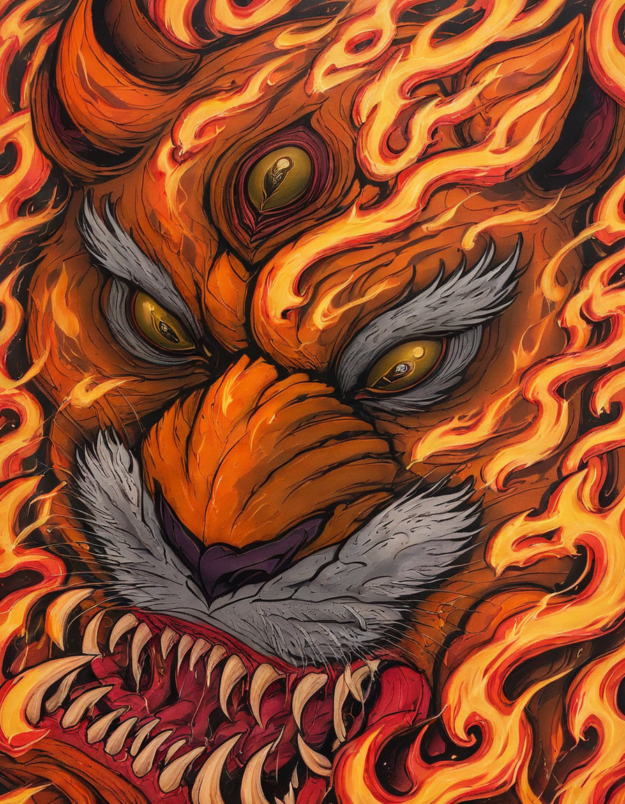 <lora:t3v3-000006:0.8>t3v3, closeup, lion, third eye, flames