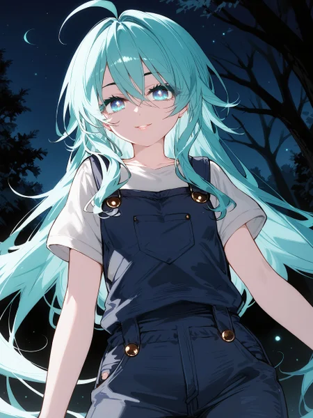 score_9,score_8_up,score_7_up,score_6_up, by toosakaasagi, <lora:Toosaka-Asagi-Style-PonyXL-000036:1>, source anime, <lora:Blacksouls-PonyXL-1024px-v1.1:0.6>, <lora:Pony_DetailV2.0:1>, anime coloring, pixiv, <lora:tgm-xl-a3.1:0.8>, 
detailed background, night, dark background,
1girl, solo, cowboy shot, looking at viewer,
outdoors, night, tree,
long hair, aqua hair, hair between eyes, sidelocks, ahoge,
blue eyes, brilliant eyes, tsurime, thick eyelashes, long eyelashes, (black eyelashes:1.3),
closed mouth, smile, parted lips, pink lips,
small breasts, school uniform, overalls,