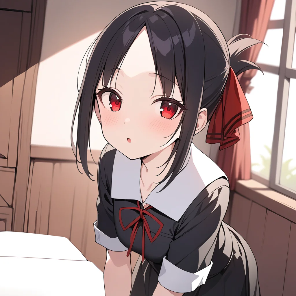 masterpiece, best quality, 1girl, kaguya, red bow, <lora:kaguyaSDXL:0.8>, school uniform, black dress, black skirt, red ribbon :o, looking at viewer