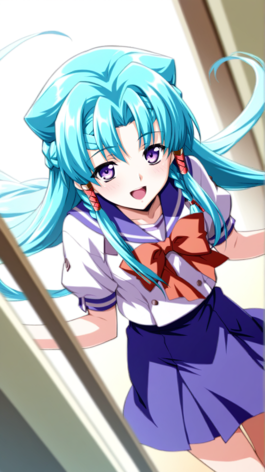 source_anime, general, best quality, masterpiece, 1girl,  <lora:shana_mia_ill_v1.0:1.0> shana_mia\(srw\),purple eyes,long hair,braid, very long hair,aqua hair, hair tubes, serafuku, happy, (embarrassed:0.8),  dynamic pose, dutch angle,