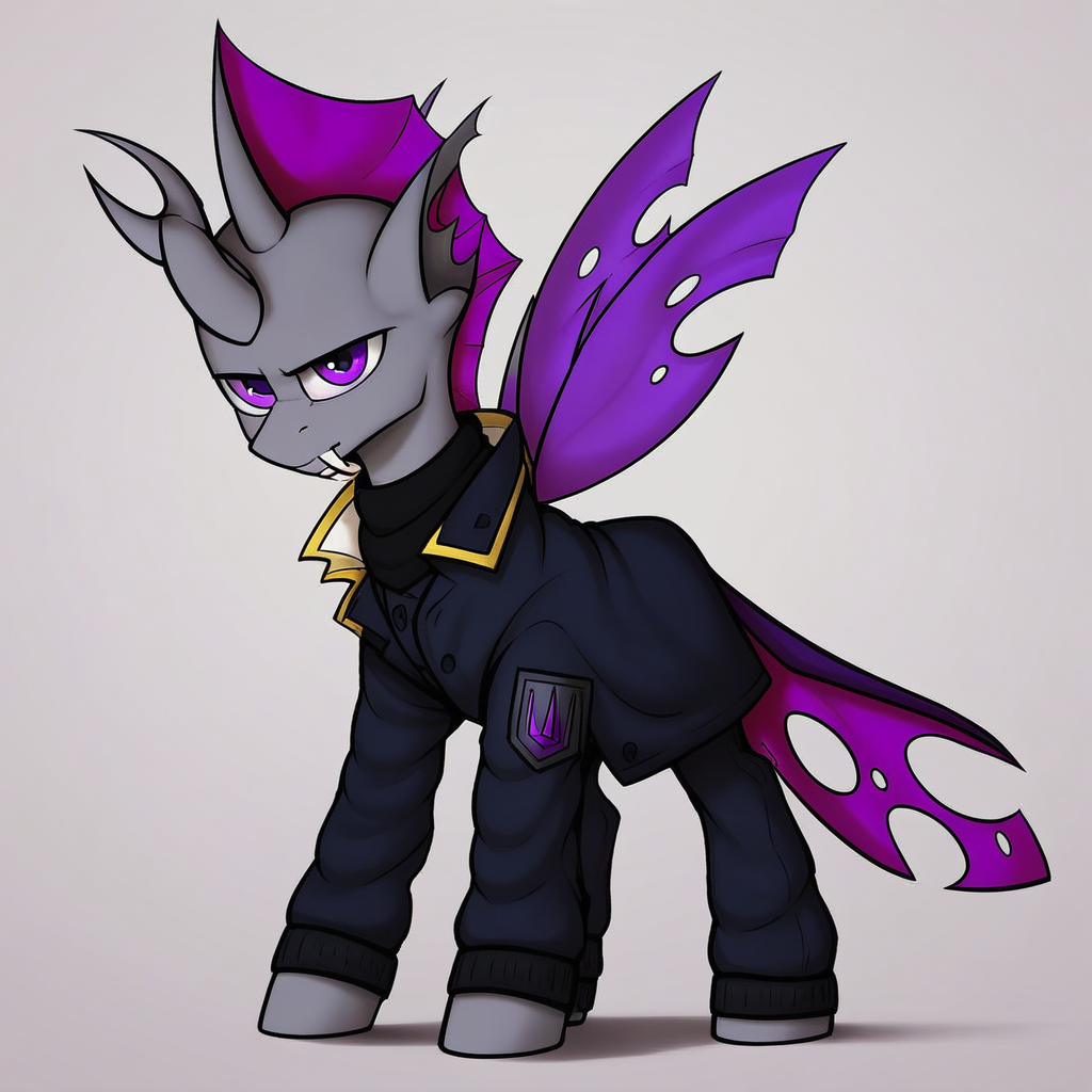 masterpiece, score_9_up, score_8_up, score_7_up, score_6_up, (best quality:1.1), ultra-detailed, high resolution, 1character, solo, male, Нептун Хербст, mlp, changeling, feral, ragged ears, (((beautiful detailed purple eyes))), crooked horn, gray skin, purple membrane mane, coat, black neck warmer, full body, fangs, looking at viewer, simple background, highly visible, sharp focus, anatomically correct, extremely detailed