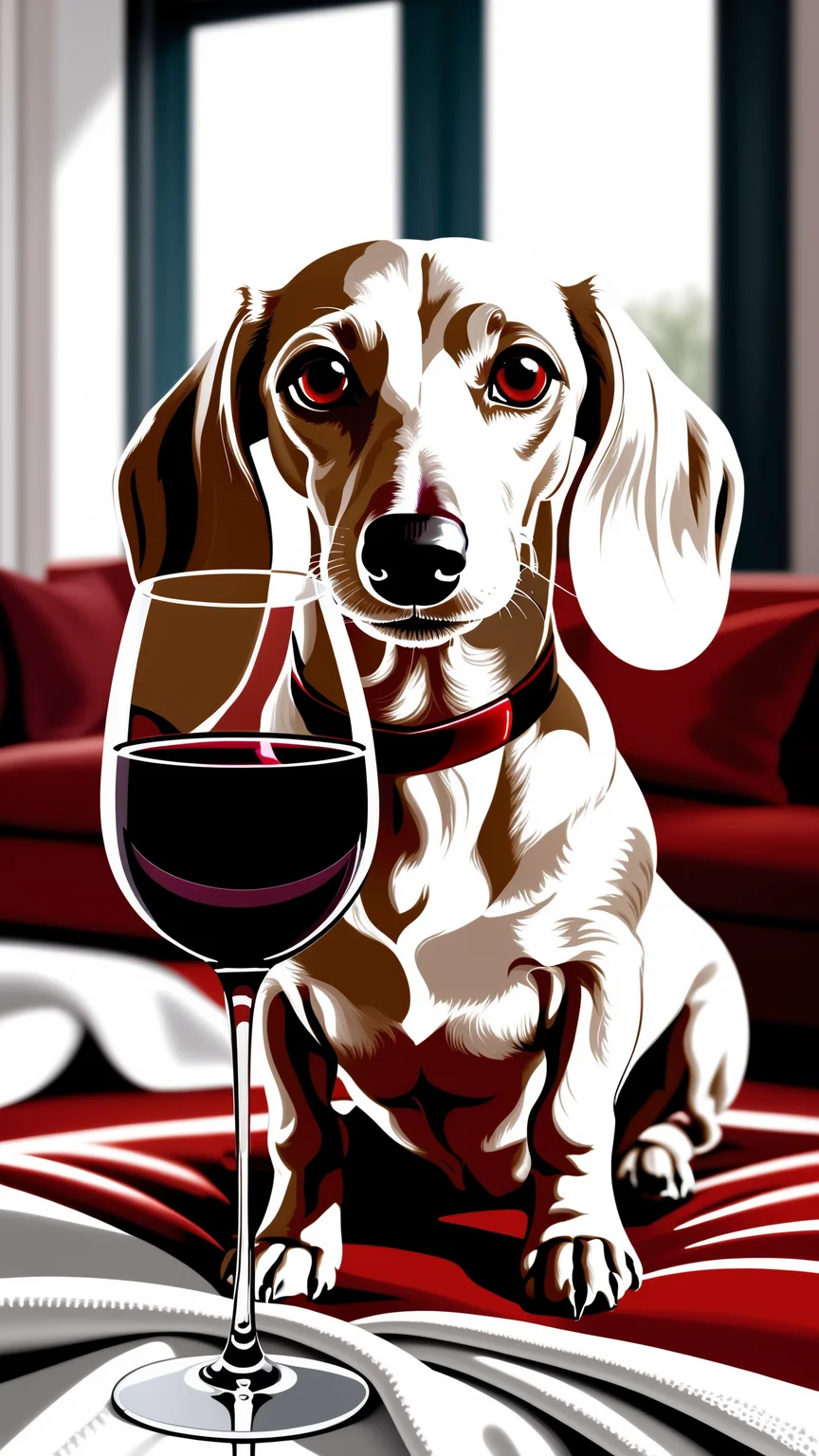 muscular dog, A elegant white dachshund sits on a white towel looking skeptical with a glass of red wine, looking down at viewer with quiet resentment, in a living room, head tilted down, evil void eyes