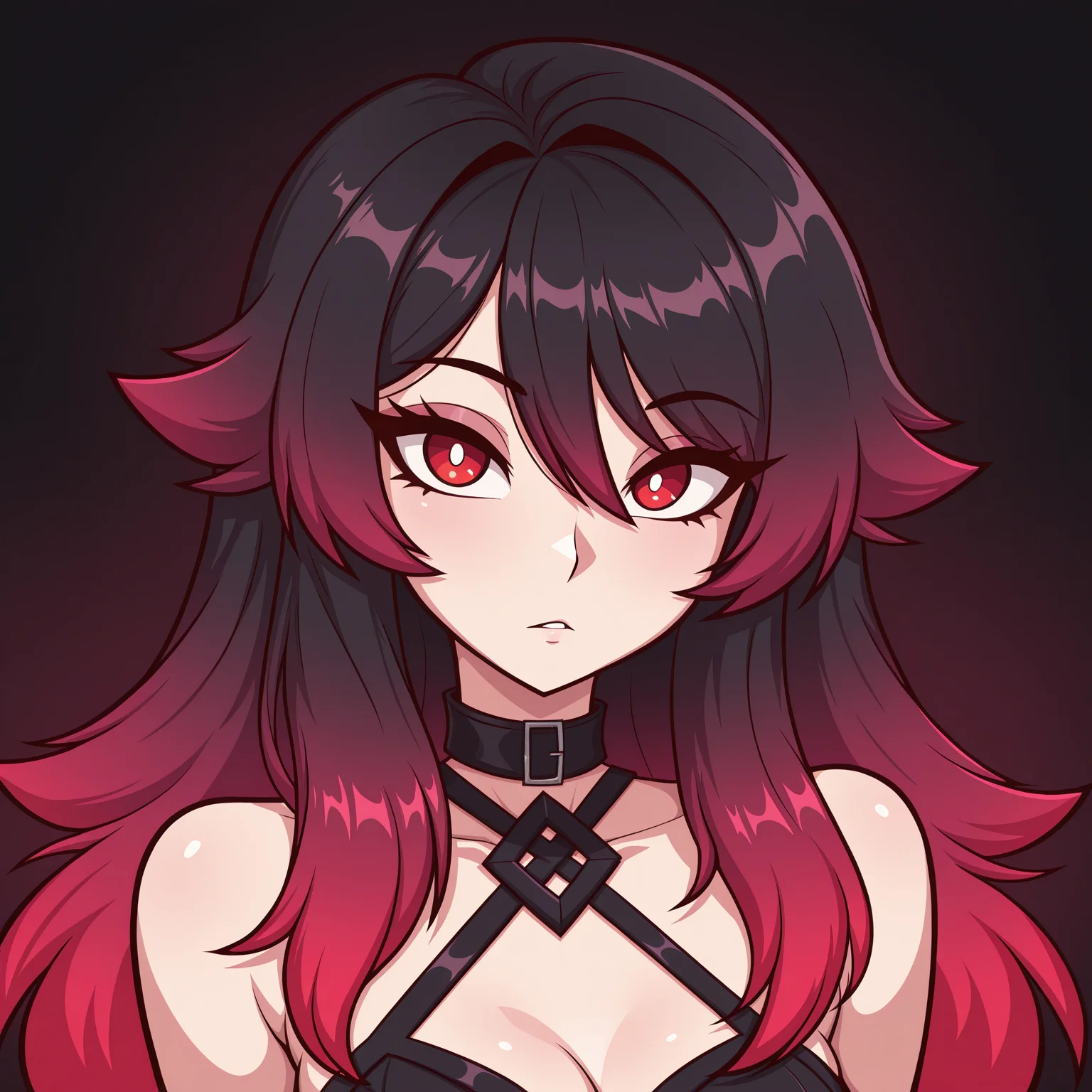 masterpiece, best quality, lw88, 1girl, looking at viewer, dark background, red eyes, bright pupils, gradient hair