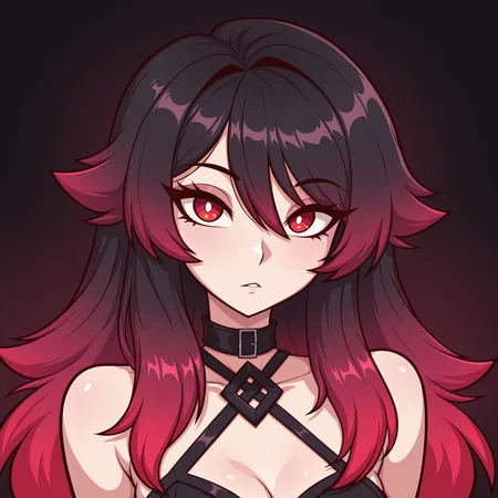 masterpiece, best quality, lw88, 1girl, looking at viewer, dark background, red eyes, bright pupils, gradient hair