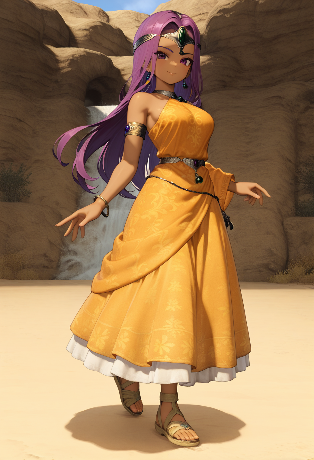 masterpiece, best quality, very aesthetic, absurdres, 1girl, solo,
<lora:dqh2_meena_v01:0.8>, dqh2_meena, purple hair, long hair, purple eyes, dark-skinned female,
circlet, earrings, jewelry, yellow dress, bare shoulders, single detached sleeve, single armlet, single bracelet, sandals, (smile:0.7), posing