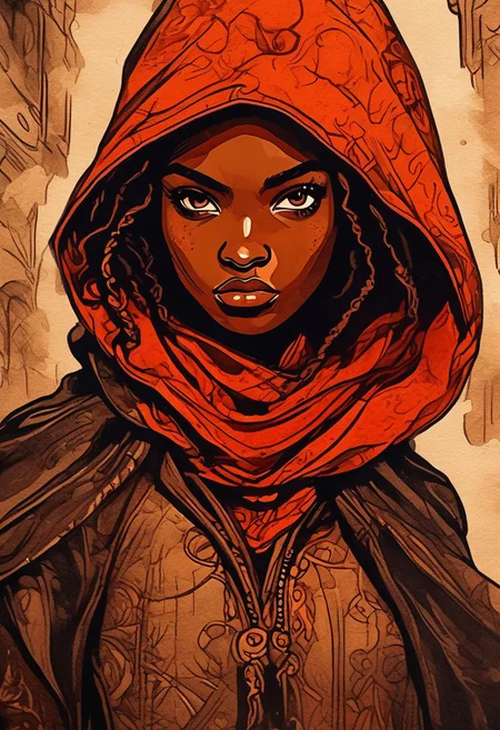 (Ink illustration on parchment). coal skies painted in vibrant shades of red and orange, a lone young woman ina massive medieval city, fantasy rogue outfit, lickers of magical energy, Ink splashes, rough ink sketch, moody, gloomy, high contrast, stylized, dark skin, close up on face, leather medieval top with lowered hood, Art Nouveau Style, face portrait close up, African girl with intense expression, freckles