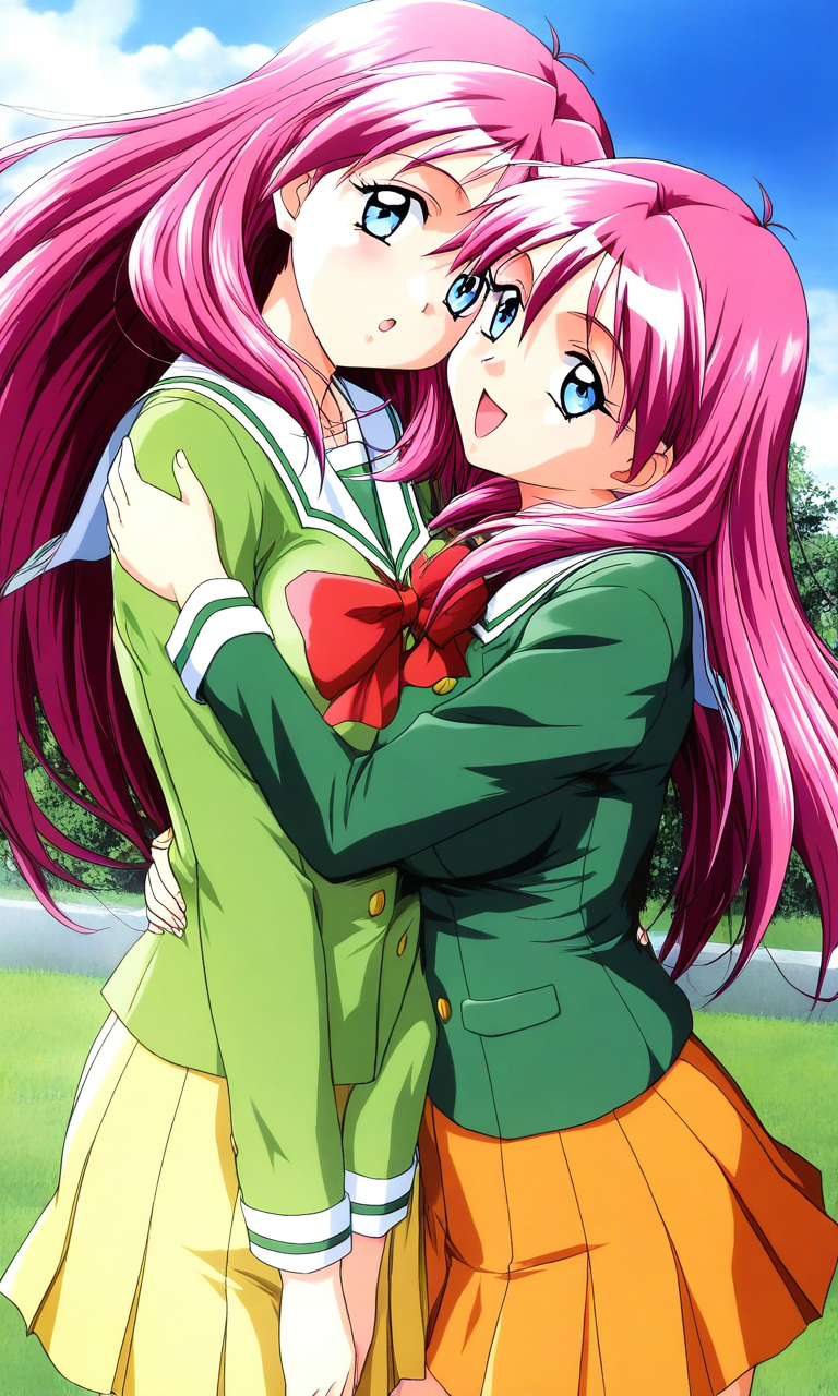 general,highres, ultra-detailed,very aesthetic,best quality ,best hands, BREAK <lora:Shirayuki_Mihoï¼Maho_Tokimeki_Memorial2_IS:1>
Shirayuki_Mihoï¼Maho, pink hair, blue eyes, long hair, large breasts, 
twins, 2girls,happy, hug, kiss,
school uniform, bow, green shirt, long sleeves, shirt, pleated skirt, orange skirt, red bow, sailor collar, smile, v arms, looking at viewer, open mouth, yellow skirt, jacket, :o, cowboy shot, standing, blue sky, grass,