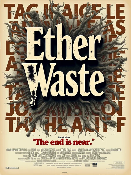 "Ether Waste". Lettering atop a chaotic and abstract jumble of background 3d letters, overlapping and jumbled across the page.

Subtitle: "The end is near". Written By "Patrick Lee".

mvpstrCE style