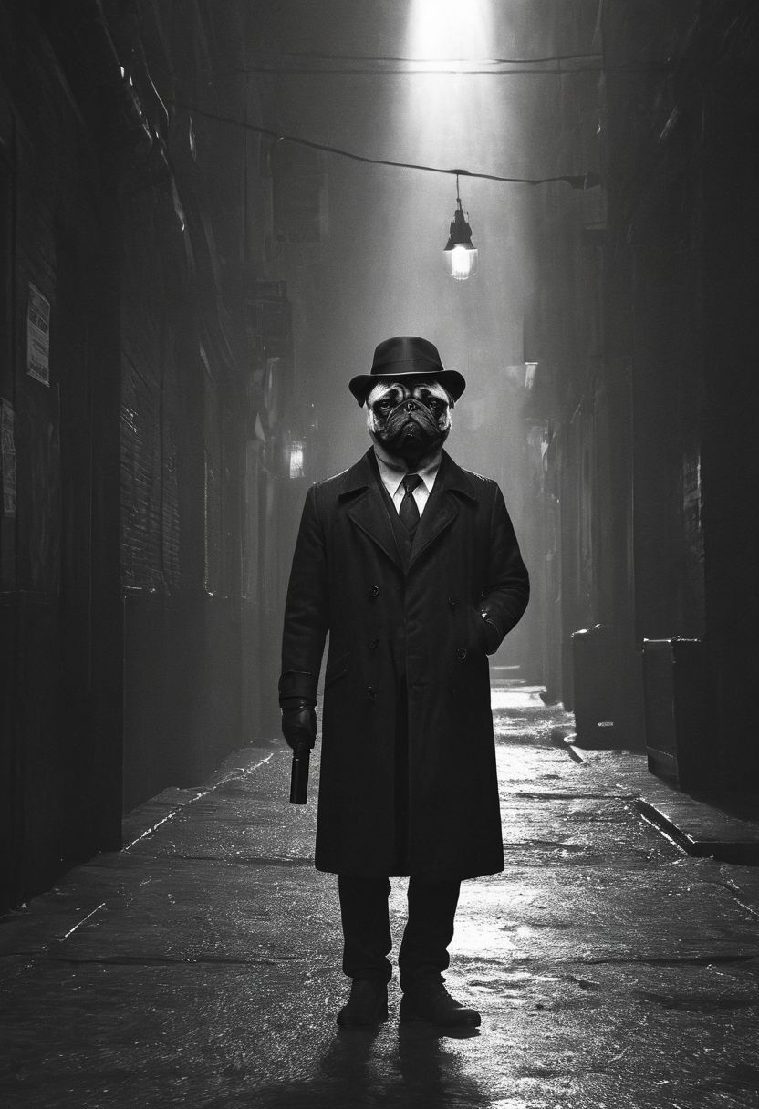 bw, grayscale, (anthropomorphic-pug: 1.59) noir detective in Los Angeles,, Volumetric lighting, concept art, sharp focus, digital art <lora:xl_more_art-full_v1:0.8> <lora:Into_Darkness:0.8>, fedora, smokey, trench-coat, standing in wet alley, brick walls