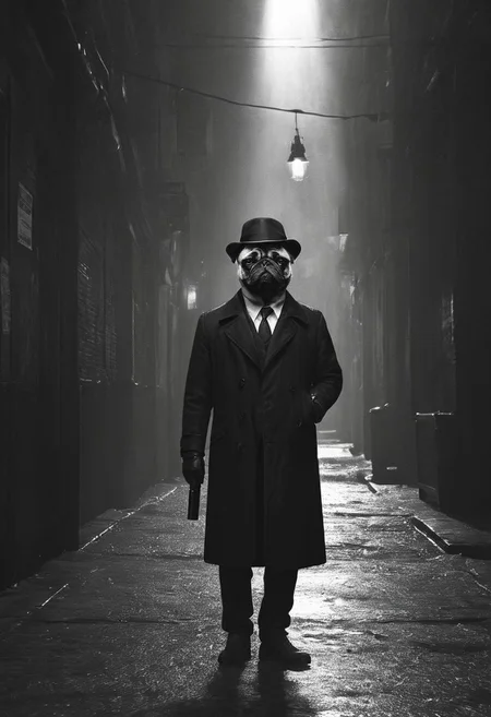 bw, grayscale, (anthropomorphic-pug: 1.59) noir detective in Los Angeles,, Volumetric lighting, concept art, sharp focus, digital art <lora:xl_more_art-full_v1:0.8> <lora:Into_Darkness:0.8>, fedora, smokey, trench-coat, standing in wet alley, brick walls