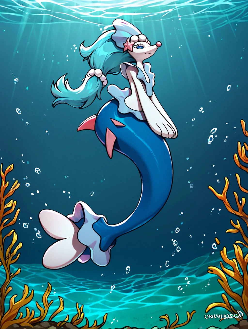primarina, female, solo, full-length portrait, underwater, zPDXL2, <lora:PDXLPrimarinaConcept:1> mermaid tail