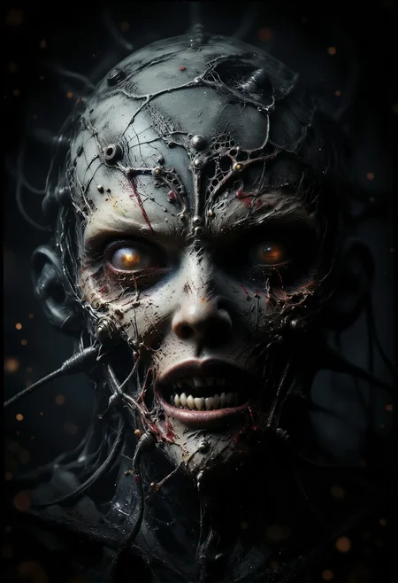 cinematic photo . A haunting close-up of a pale, white powder skin, ashen face with closed eyes, cracked and dried skin, with red streaks of dried blood around the eyes and mouth. The figure has metal restraints holding the mouth open in a grim expression. The lips are parted, revealing teeth in the shadow. The background is a deep black, creating a stark contrast with the face, emphasizing the eerie and unsettling mood of the scene. The lighting casts harsh shadows, adding to the disturbing, almost lifeless appearance, hkevil,    <lora:Dever_Flux_Enhancer.safetensors:0.5>,  <lora:FluxCyberpunkAnimeStyle.safetensors:0.5>,  <lora:aiai-Glimra-Flux-Dev-v2.safetensors:0.5>,  <lora:- Flux1 De-Distilled - temp_haunting_cre_1.0.safetensors:0.8>,  <lora:black_fantasy.safetensors:0.5>,  <lora:Giger_2_0.safetensors:0.5>,  <lora:Luminous_Shadowscape-000016.safetensors:0.3>,  . 35mm photograph, film, bokeh, professional, 4k, highly detailed