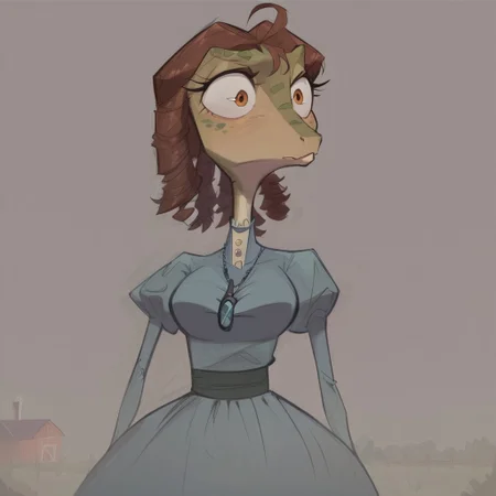 safe_pos, BeansPXL, jewelry, long sleeves, juliet sleeves, necklace, puffy sleeves, dress, blue dress, brown eyes, brown hair, short hair, drill hair, reptile girl, large breasts, narrow waist, wide hips, anthro lizard, scales, furry, female furry, presently surprised face
flat color, fca style, toon \(style\), 2d,score_9, score_8_up, score_7_up, score_6_up, farm house, late afternoon, fence, barn
