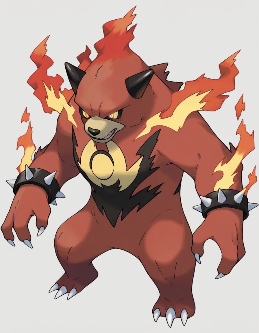 score_9,score_8_up,score_7_up, <lora:Navi_PokeDnaGen1_PonyXL_S1-000007:1.2> ,  nv-pokegen1, dark-type, fire-type, black and red bear ,   no humans,  glowing eyes, excessive energy ,   dark flames , horns, spiked bracelet,
