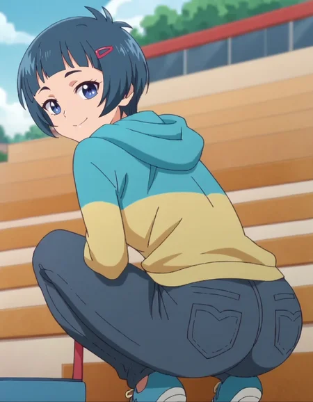 score_9, score_8_up, score_7_up, anime screencap, solo,1girl,noguchisara,jeans, hair ornament, hood, hairclip, hoodie, looking at viewer, smile, small breasts,cowboy shot,from behind,huge ass,squatting<lora:noguchisara_pony:0.8>
