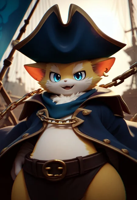 zuppu11, animal, blue eyes, cape, yellow cat, chain, flag, furry, furry male, no humans, open mouth, pirate, pirate hat, score_9, score_8_up, score_7_up, zPDXL3, looking at viewer, solo, cute, 3d, sidelighting, backlighting, depth of field and lens flare, zPDXL3, digital art, highly detailed, detailed background, Expressiveh