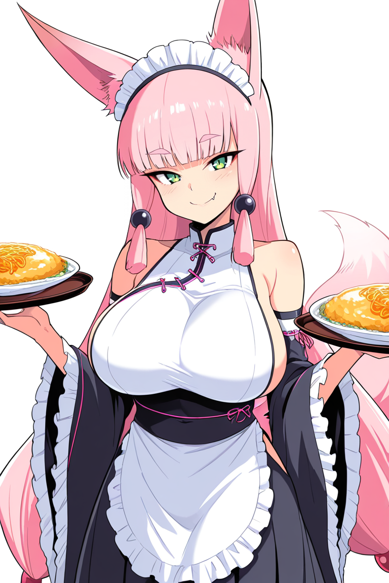masterpiece , source_anime, breasts, animal ears, 1girl, solo, , long hair, tail, , blunt bangs, , green eyes, , bangs, detached sleeves, , fox ears,, , fox tail, , large breasts, pink hair, , , wide sleeves, fang, very long hair, smile, maid dress, maid head dress, sleeveless, holding plates