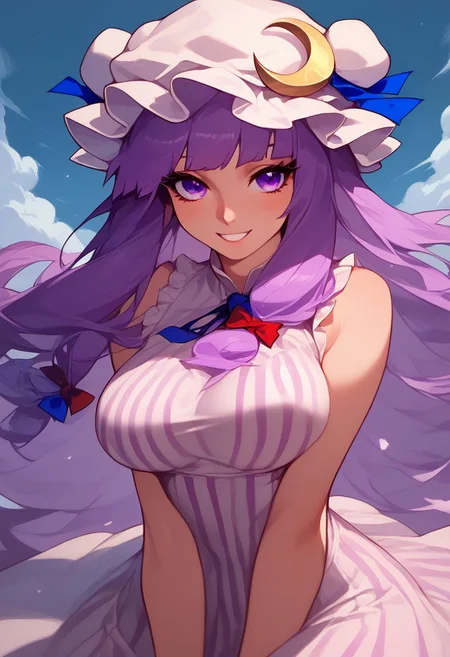 masterpiece, best quality, ultra-detailed, illustration,
score_9, score_8_up, score_8, medium breasts, (curvy), cute, eyelashes, 
patchouli knowledge, 1girl, dress, (purple hair, purple eyes:1), long hair, mob cap, crescent hat ornament, ribbon, dress, vertical stripes, smile, Expressiveh, zPDXL2