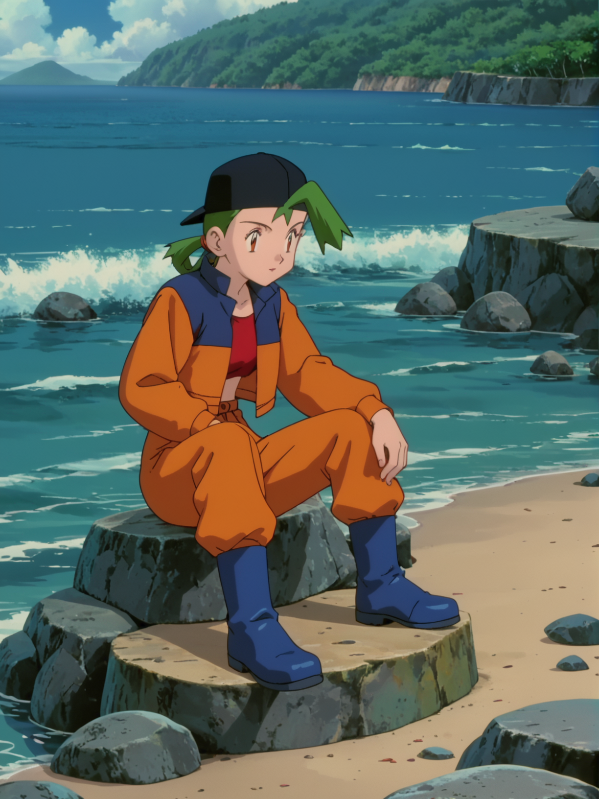 score_9, score_8_up, score_7_up, 1girl, solo, source_anime, anime_screencap, pkmMaren, green hair, orange pants, blue boots, <lora:pkmMaren:1>  sitting on a rock, by the sea, rocks,