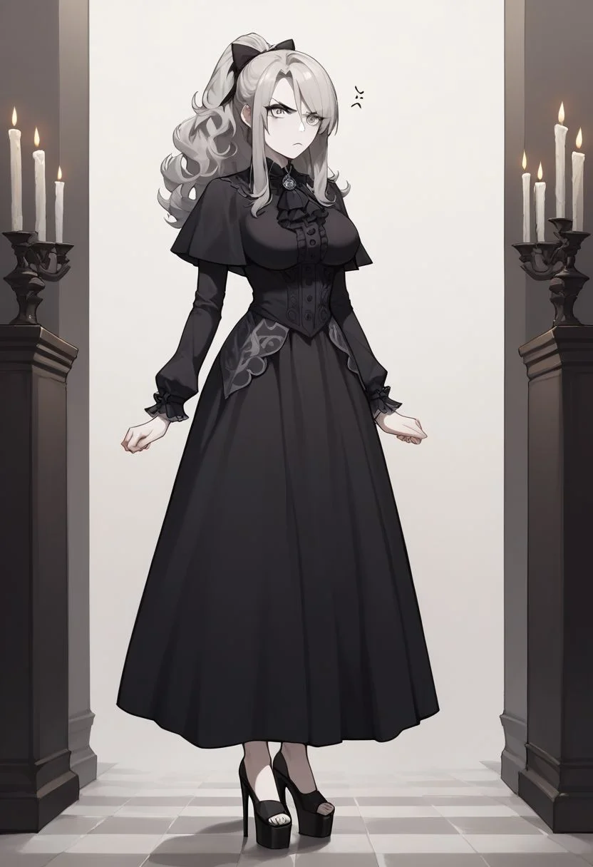 1girl, pale skin, grey eyes, grey hair, long hair, curly hair, ponytail, mole under eye, makeup, black dress, platform high heels shoes, open side dress, ascot, capelet, standing, annoyed, gothic, candlelight, <lora:Kriemhild:1> big breasts, score_9, score_8_up, score_7_up, score_6_up, score_5_up, score_4_up, BREAK source_anime, masterpiece