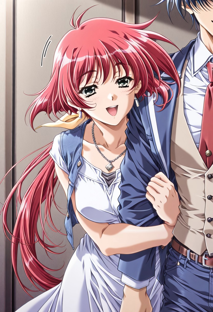 masterpiece, best quality, newest, highres, uncensored, yokota mamoru style,motion lines,1girl,Chain Jewellery,Dress, Earrings,Necklace,Vest,hug, arm hug, red necktie,happy,Ogata Shizuka Again Version,Red Hair, Ponytail, Waist Length Hair,Green eyes