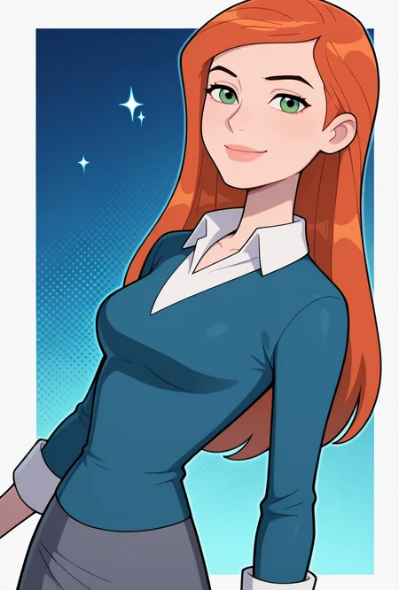 <lora:gwenuaf-10:1> gwenuaf, 1girl, long hair, solo, green eyes, orange hair, lips, breasts, collared shirt, long sleeves, shirt, dark grey skirt, black pants, looking at viewer, blue background, smile, upper body, halftone effect, white borders, abstract background:1.2,, masterpiece, best quality, amazing quality, very aesthetic, absurdres, newest,