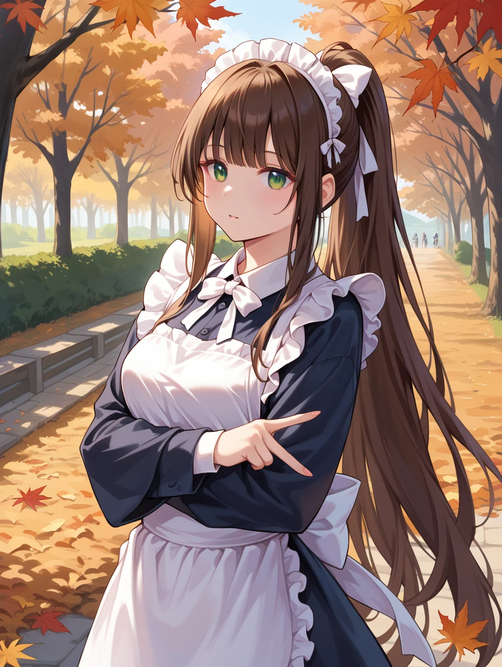 score_9, score_8_up, score_7_up, source_anime,
 very long hair,brown hair,ponytail,hair bow,white bow,hair ribbon,white ribbon,sidelocks,bangs,green eyes solo, beautiful eyes,BREAK
wa maid, maid, maid headdress, apron, white apron, frilled apron, maid apron, kimono, japanese clothes, frilled kimono, V arms, 
BREAK, background, autumn,