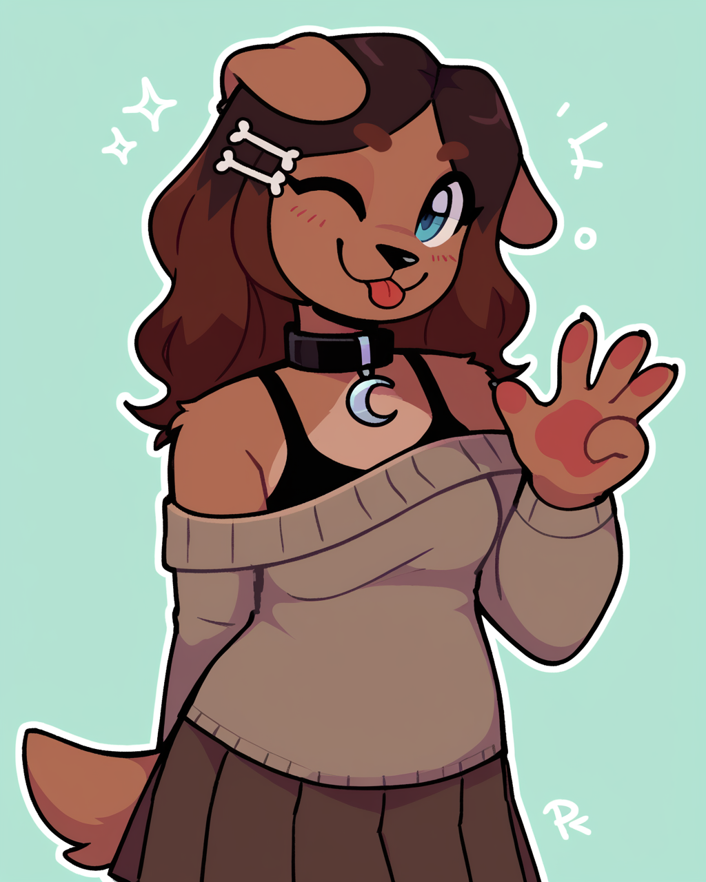 score_9_up, score_8_up, score_7_up, score_6_up, furry female, floppy ears, brown fur, by remanedur, half-length portrait, female, furry, blue eyes, wink, collar, brown hair, hair accessory, off shoulder sweater, tail, medium breasts, bra strap, brown skirt, pleated skirt,  looking at viewer, head tilt, solo, happy, tongue out, three-quarter view, simple background, white outline, <lora:Leah_Pines(AIM)_XL_v1:0.15> <lora:PDXL_artist_tags_v2_big:0.5> <lora:The-Minuscule-Task_PDXL_v1.0:0.6>  <lora:Ria_C0denameDelta:0.7>