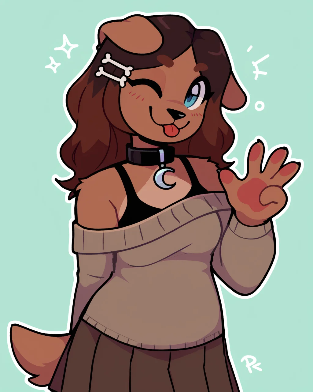score_9_up, score_8_up, score_7_up, score_6_up, furry female, floppy ears, brown fur, by remanedur, half-length portrait, female, furry, blue eyes, wink, collar, brown hair, hair accessory, off shoulder sweater, tail, medium breasts, bra strap, brown skirt, pleated skirt,  looking at viewer, head tilt, solo, happy, tongue out, three-quarter view, simple background, white outline, <lora:Leah_Pines(AIM)_XL_v1:0.15> <lora:PDXL_artist_tags_v2_big:0.5> <lora:The-Minuscule-Task_PDXL_v1.0:0.6>  <lora:Ria_C0denameDelta:0.7>