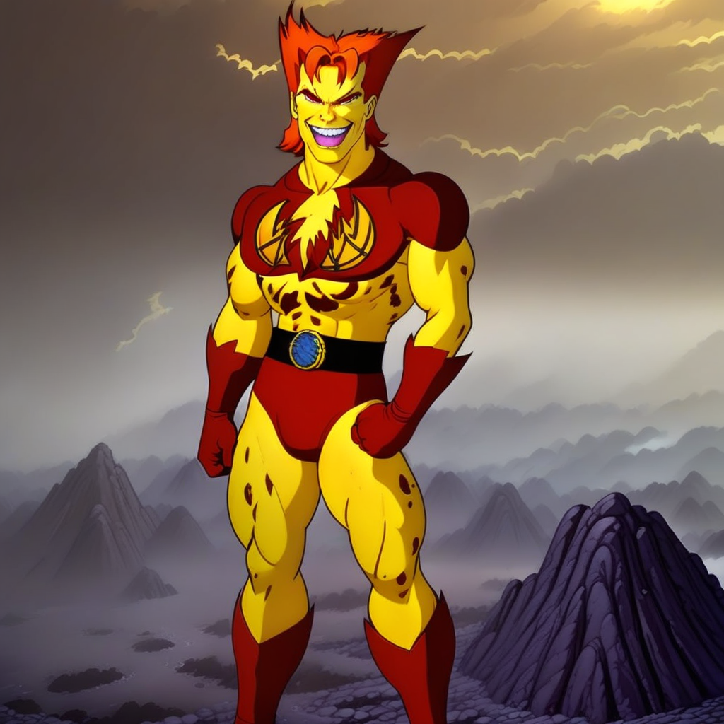 nature, upper body, pollution, facepaint, colored skin, torn shirt, parody, tattoo, cloud, outdoors, evil grin, rotten land, dark clouds, molten rock, evil smile, super villain, thighs, cartoon, makeup, man, yellow dirty skin, captainpollution, muscular, smile, large pectorals, comic, red gloves, orange hair, grin, bodysuit, toxics, from behind, gloves, villain, multiple boys