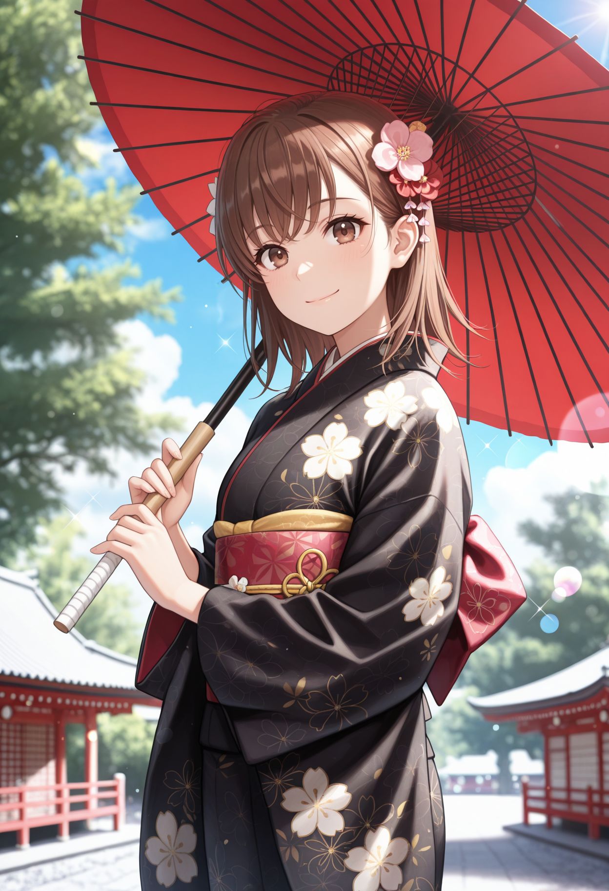 masterpiece,best quality,absurdres,highres,very aesthetic,high quality,detailed,insanely detailed,beautiful,perfect lighting, ,depth of field,blurry background,bokeh, 
 <lora:Misaka Mikoto :1> 1girl, brown hair, brown eyes, medium hair, hair flower, 
japanese clothes, black kimono, oil-paper umbrella, holding umbrella, sash, smile, outdoors, obi, floral print, tree, day, sparkle, print kimono, blue sky,, red umbrella, closed mouth, wide sleeves, lens flare, cloud, east asian architecture, looking at viewer