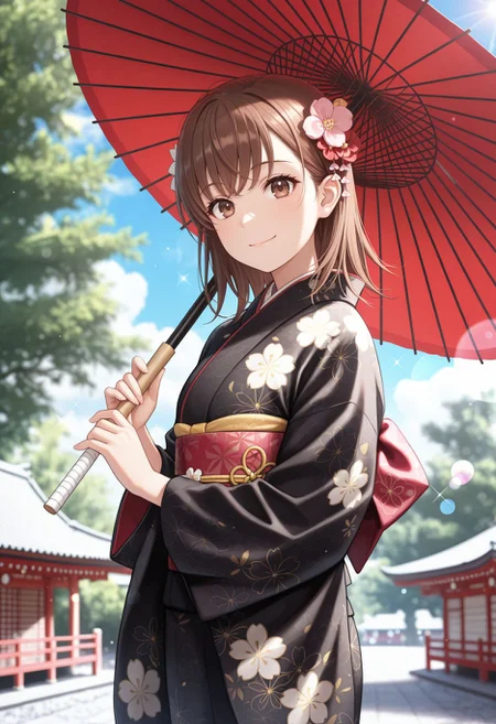 masterpiece,best quality,absurdres,highres,very aesthetic,high quality,detailed,insanely detailed,beautiful,perfect lighting, ,depth of field,blurry background,bokeh,
<lora:Misaka Mikoto :1> 1girl, brown hair, brown eyes, medium hair, hair flower,
japanese clothes, black kimono, oil-paper umbrella, holding umbrella, sash, smile, outdoors, obi, floral print, tree, day, sparkle, print kimono, blue sky,, red umbrella, closed mouth, wide sleeves, lens flare, cloud, east asian architecture, looking at viewer