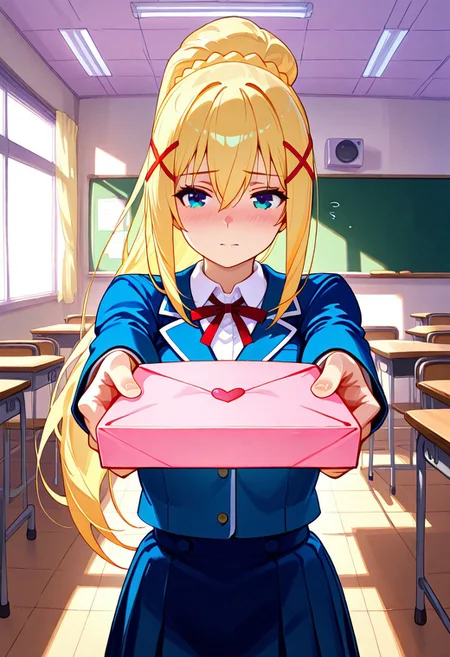 Expressiveh, score_9, score_8_up, score_7_up, score_6_up, score_5_up, score_4_up, godrays, solo, 1 girl, AEDarknessDef, blonde hair, blue eyes, braid, hair between eyes, high ponytail, long hair, sidelocks, x hair ornamet, muscular body, school uniform, neck ribbon, collared shirt, blue jacket, long sleeves, blue skirt, love letter, heart, valentine, letter, confession, incoming gift, outstretched arms, classroom, living room, detailed background, perfect eyes, fFaceDetail,