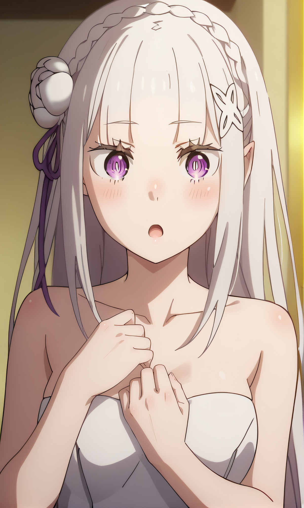 score_9, score_8_up, score_7_up, source_anime, rating_safe, intricate details, anime screencap, official style, anime coloring, 1girl, solo, <lora:3rdSEmilia:1>, altemilia, emilia (re:zero), white dress, simple dress, sleeveless, strapless, collarbone, upper body, blush, looking at viewer, surprised, one hand on own chest, five fingers, open mouth