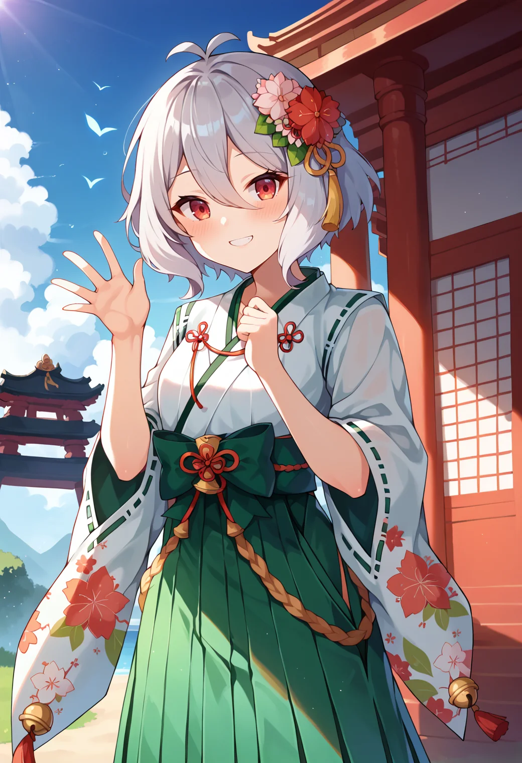 score_9, score_7_up, hd, (ultra hd quality details), source_anime, temple, temple gate, blue sky,
solo, 1girl, pcrkok, grey hair, elf, antenna hair,
kokny, hair flower, white flower, red flower, miko, green hakama, floral print, green bow, tassel, ribbon trim, jingle bell, hakama skirt,
looking at viewer, blush, smile,
hands up,
<lora:_kokkoro-elesico-ponyr2:0.9>