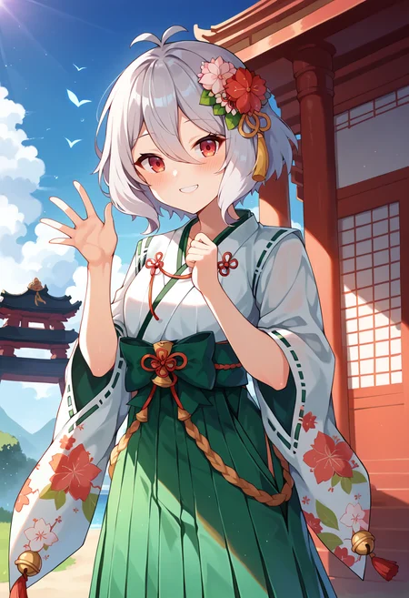 score_9, score_7_up, hd, (ultra hd quality details), source_anime, temple, temple gate, blue sky,
solo, 1girl, pcrkok, grey hair, elf, antenna hair,
kokny, hair flower, white flower, red flower, miko, green hakama, floral print, green bow, tassel, ribbon trim, jingle bell, hakama skirt,
looking at viewer, blush, smile,
hands up,
<lora:_kokkoro-elesico-ponyr2:0.9>