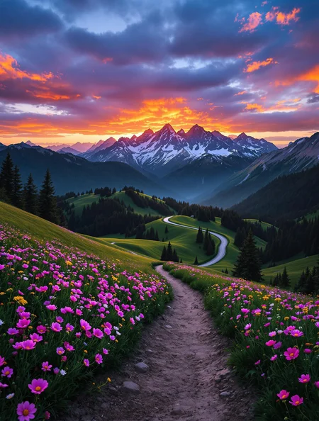 A breathtaking landscape photograph of a serene mountain scene at sunset, framed to draw the viewer's eye along a winding dirt path through a vibrant wildflower meadow in the foreground. The meadow is alive with pink and purple cosmos flowers, bordered by lush green grass that gently slopes upward. In the middle ground, rolling hills blanketed with dense evergreen trees form dark, shadowy silhouettes, while a serpentine road gracefully ascends one of the hills. The background is dominated by a majestic mountain range with snow-capped peaks, veiled in a mystical blue haze that enhances the sense of depth and grandeur. The sky is painted in dramatic hues of deep purples and fiery oranges, with scattered clouds illuminated by the golden glow of the setting sun. The lighting masterfully highlights the meadow's golden hues and casts a warm underglow on the clouds, contrasting beautifully with the cool tones of the distant mountains. This harmonious composition balances intricate foreground details with expansive natural elements, evoking awe and tranquility. Style tags: landscape photography, sunset glow, dramatic lighting.