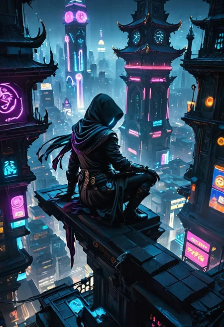Assasin, A closeup of fantastical image of a assasin false glory, darkness of night fall, Their filled with power and determination, clad in flowing, flowing scarf, wielding an scarf ornate, scarf ornate, as they wield the scarf n a fluid, sword carried behind the body, squatting on top of the building at the end of the clock tower like an assassin, sitting squatting pose, hands touch the ground, squatting all four, action pose, clock tower, from behind view, cyberpunk city, neon city, skindentation, glowing, shiny, scifi, neon lights, intricate artistic color, cinematic light, radiant, vibrant, perfect symmetry, Grayscale, Dramatic spotlight, highly color focused, dynamic motion, very dark,