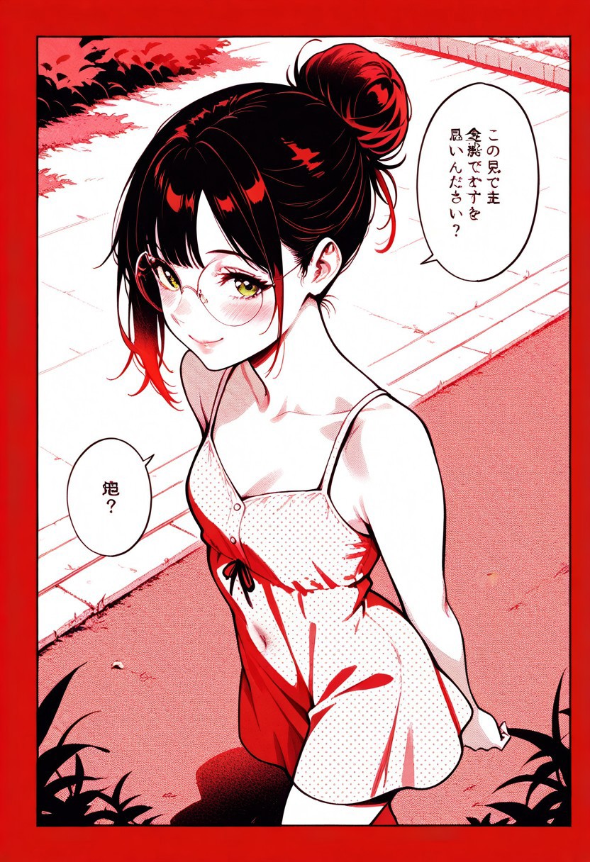 masterpiece, best quality, 32k, high resolution, absurdres, HD32k, masterpiece, extremely detailed,Patty, PattyRH, black hair, hair bun, gradient hair(red-black), green eyes, big round eyeglasses, small breasts, slim, pierced navel, pale skin,dynamic pose, solo, looking at viewer,  intimate, candid, elegant, close up,sundress, cute pattern sundress, walking, hands behind back, looking away, outdoors, little smile, closeup, lips closeup ,posing cute, shy, blush, high angle view, dowblouse, explicit insets, comic book panels, manga, speech bubbles, Japanese text, multiple angles, (red theme), monochrome, halftone, high contrast, side view, front view, happy