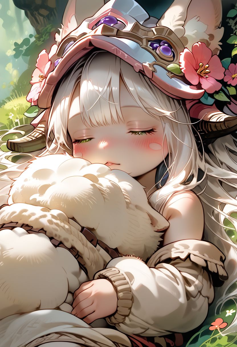 score_9, score_8_up, score_7_up, source_cartoon, 1girl, nanachi, \(made in abyss\)/,(ultra HD quality details), green eyes, white hair, furry, animal ears, tail, sidelocks, solo, adorable nanachi, sleeping on a flower, sleeping, (tiny size, sleeping:1.2), blushing, moaning, (puffy pants, helmet, long hair, ears through headwear:1.1), colorful detailed flower background, (detailed image, high resolution, 5k resolution:1.0), Expressiveh,