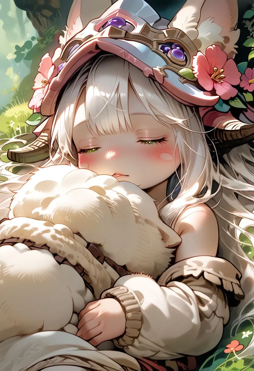 score_9, score_8_up, score_7_up, source_cartoon, 1girl, nanachi, \(made in abyss\)/,(ultra HD quality details), green eyes, white hair, furry, animal ears, tail, sidelocks, solo, adorable nanachi, sleeping on a flower, sleeping, (tiny size, sleeping:1.2), blushing, moaning, (puffy pants, helmet, long hair, ears through headwear:1.1), colorful detailed flower background, (detailed image, high resolution, 5k resolution:1.0), Expressiveh,