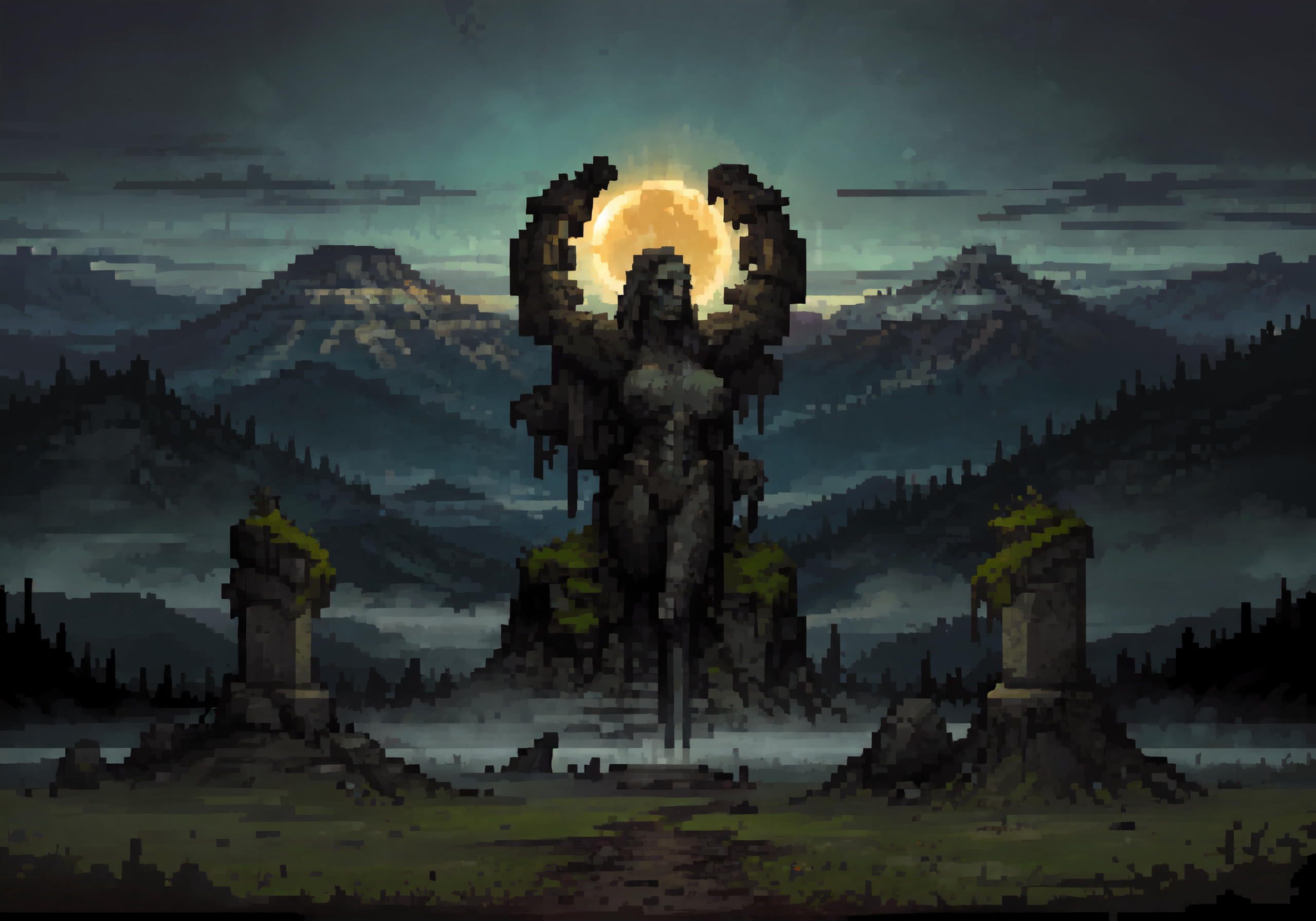 (evocative masterpiece),best quality,very complex hyper-maximalist overdetailed , detailed,finely detailed features,high quality, high-definition, extremely detailed, (highres), original, extremely detailed 8k wallpaper, (an extremely delicate and beautiful),wide angle, 4k,8k,uhd,nsfw,explicit,Middle Earth, Mirkwood <lora:Fantasy:1>,giant statue of mother of demons,made of stone,lilith from diablo IV,large sagging breasts,nipples,exposed breasts,devil,bust,part of land,grown into the ground,in background, horror \(theme\),pedestal,foreground,middle ground,background,intricate detailed environment,dark atmosphere, fog,eclipse,mountains covered in fog,shadows,atmospheric lighting, floating particles, corrupted by eldritch power,moss,moisture,fantastic scenery,landscape,(amputee,no arms,no legs:1.3), fantasy,(covered in grass) <lora:Style_of_the_Winds:0.5> <lora:lora_ics_a3:0.5> <lora:horror_slider_v7:3> <lora:DarkestDungeonV2:0.25> <lora:LilithDiablo:0.15>