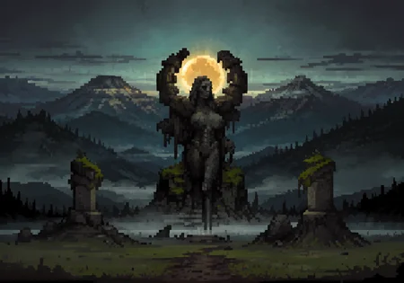 (evocative masterpiece),best quality,very complex hyper-maximalist overdetailed , detailed,finely detailed features,high quality, high-definition, extremely detailed, (highres), original, extremely detailed 8k wallpaper, (an extremely delicate and beautiful),wide angle, 4k,8k,uhd,nsfw,explicit,Middle Earth, Mirkwood <lora:Fantasy:1>,giant statue of mother of demons,made of stone,lilith from diablo IV,large sagging breasts,nipples,exposed breasts,devil,bust,part of land,grown into the ground,in background, horror \(theme\),pedestal,foreground,middle ground,background,intricate detailed environment,dark atmosphere, fog,eclipse,mountains covered in fog,shadows,atmospheric lighting, floating particles, corrupted by eldritch power,moss,moisture,fantastic scenery,landscape,(amputee,no arms,no legs:1.3), fantasy,(covered in grass) <lora:Style_of_the_Winds:0.5> <lora:lora_ics_a3:0.5> <lora:horror_slider_v7:3> <lora:DarkestDungeonV2:0.25> <lora:LilithDiablo:0.15>