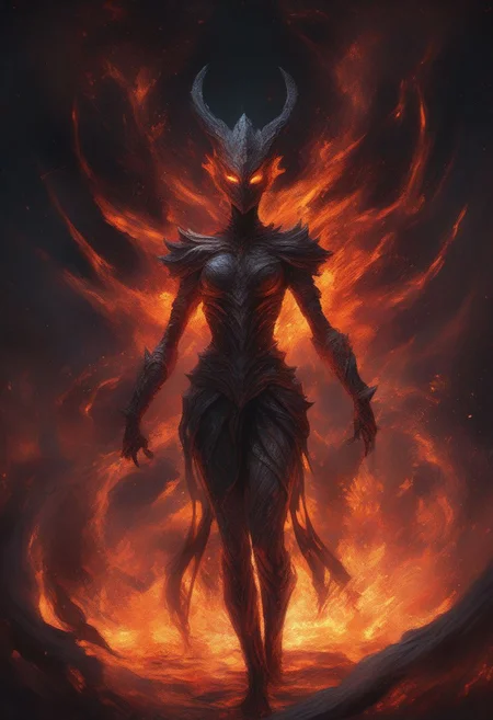 fire, lava, flames, dark elf, glowing skin, pointy ears, giant, monster girl, glowing eyes, restricted palette, swirl, paint splatter, abstract, abstract background, particles, Noct, masterpiece, best quality